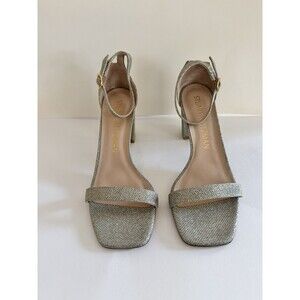 Stuart Weitzman Women’s Gold Nudistcurve Block Heel Sandal Shoes 9.5 MSRP $495